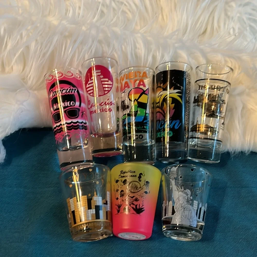 Set of 8 Shot Glasses NEW YORK, MEXICO, HOUSTON TEXAS, REPUBLICA DOMINICANA